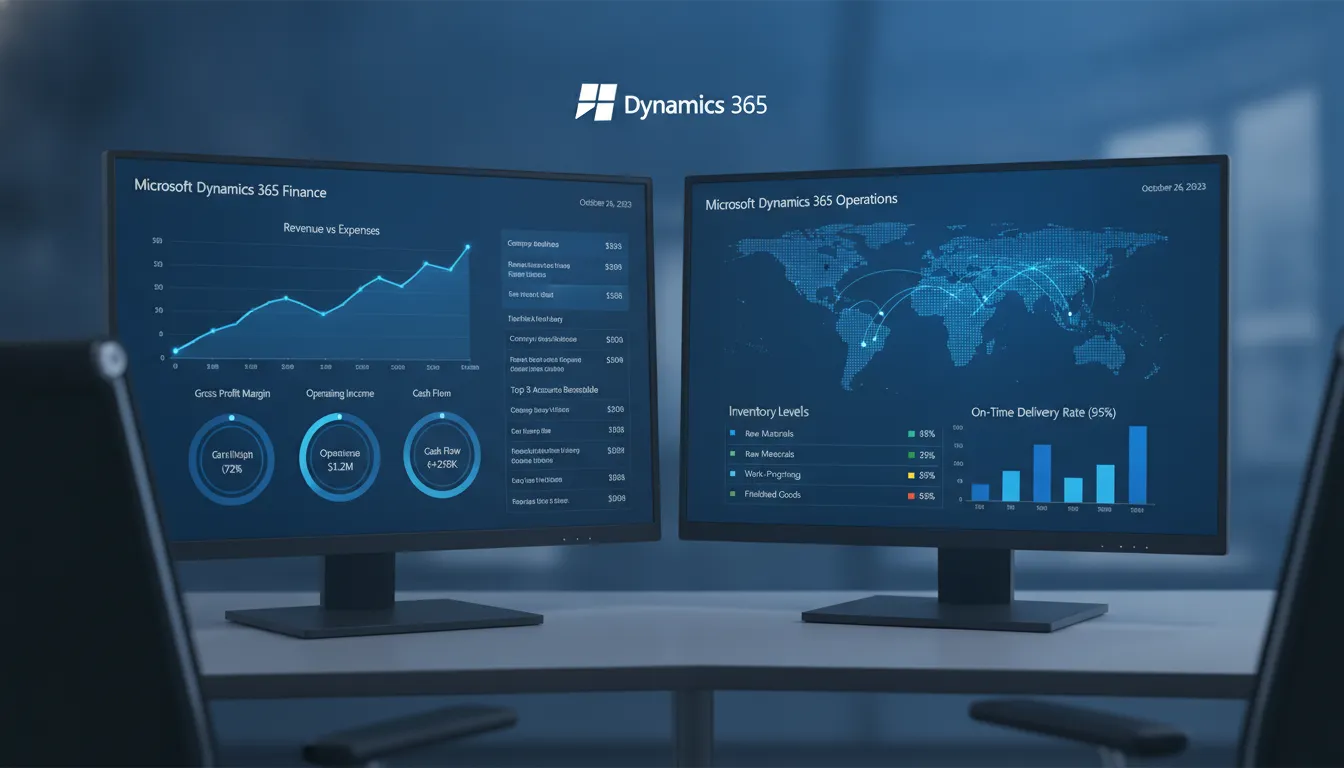 Microsoft Dynamics 365 Finance and Operations dashboard showing financial analytics and supply chain data